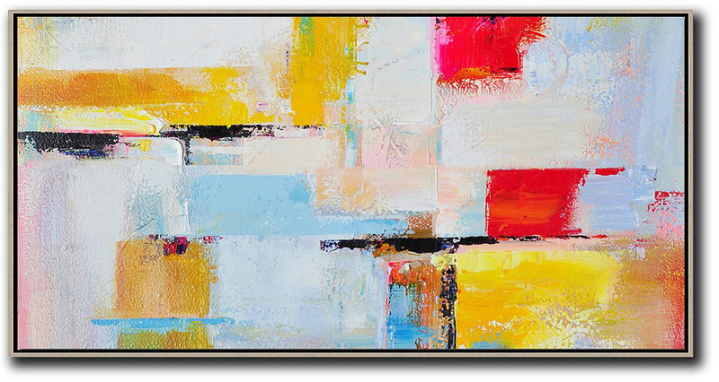 Large Abstract Painting Canvas Art,Horizontal Palette Knife Contemporary Art Panoramic Canvas Painting,Modern Wall Art,White,Blue,Yellow,Red.Etc